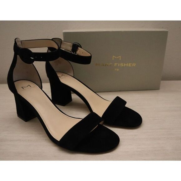 Marc Fisher Women's Sz 10 M Black Suede Karlee Ankle Strap Dress Sandal Heels - Picture 1 of 9